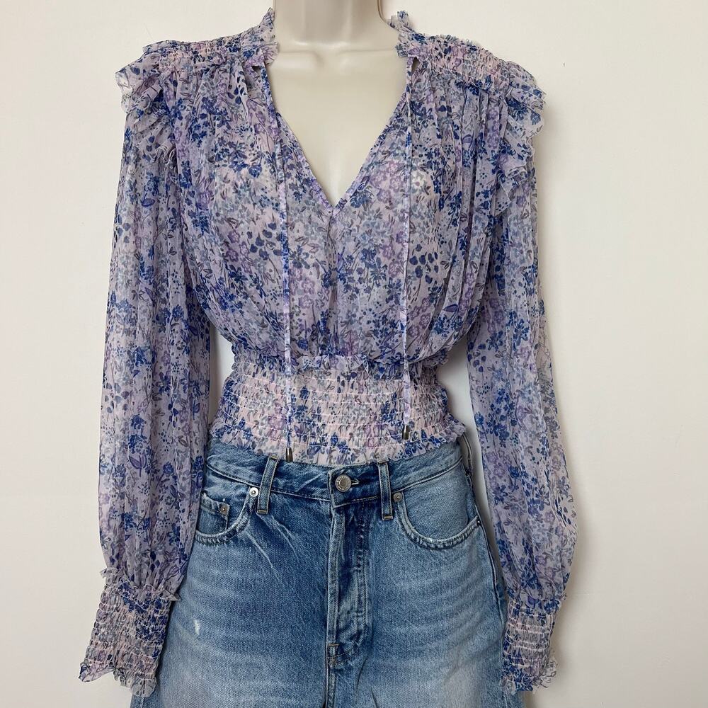 Free People Lavender Blue Semi Sheer Mesh Cropped Floral Print Ruffle Blouse S